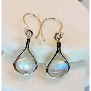Sterling Silver & AAA Rainbow Moonstone Earrings Modernist Glowing